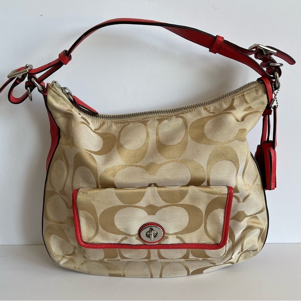 COACH Legacy Signature Courtney Hobo Bag Khaki Coral - Picture 1 of 12